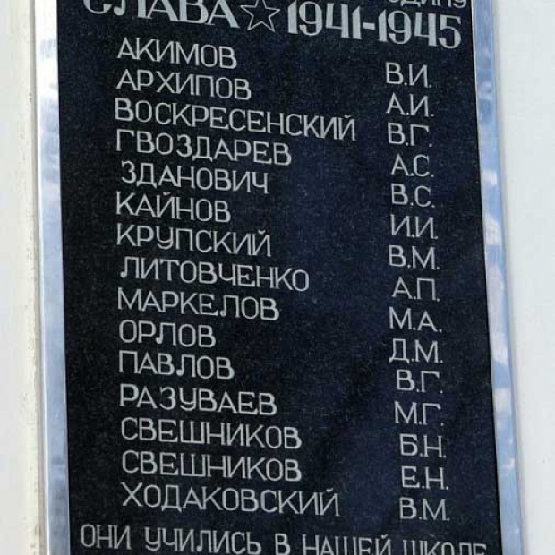 Мемориальная доска на здании школы №1 в память о выпускниках школы, павших в 1941-1945 гг.